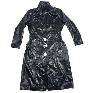 Black Faux Patent Gothic sleek Faux Leather Trench Coat shine L